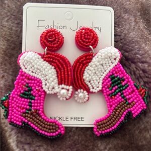 Pink Beaded Christmas Cowboy Boot Earrings | Santa Hat Western Seed Bead Dangles